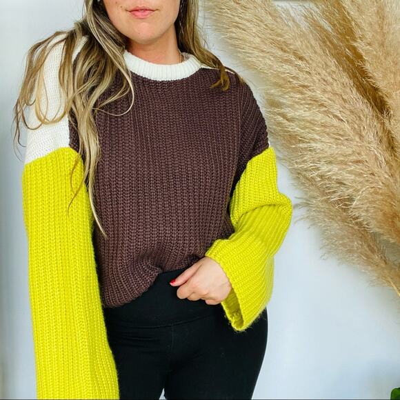 DOLLS KILL BLUE BLUSH White Brown Yellow Colorblock Chunky Knit Cozy Sweater S - Picture 5 of 11